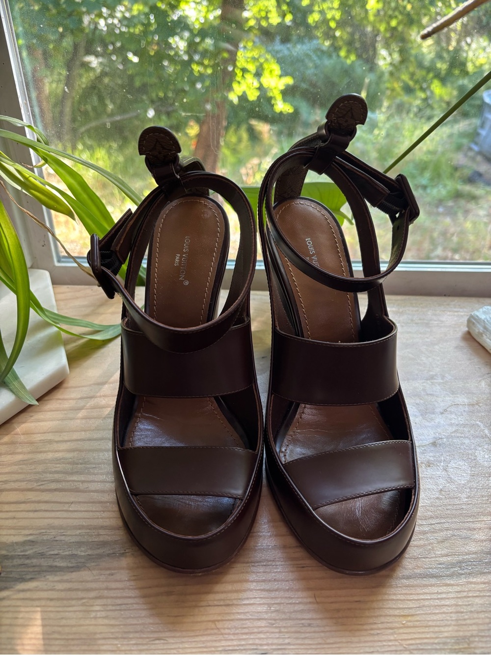 Louis Vuitton Brown Leather Platform Ankle-Strap Sandals